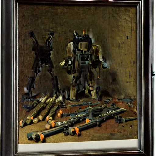 Image similar to Still life of a combat mech surrounded by its weapons, by Henri Fantin-Latour