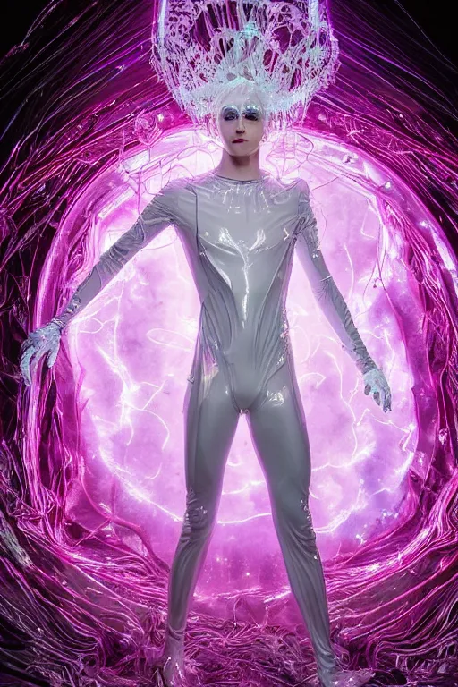 Prompt: full-body rococo and cyberpunk delicate crystalline sculpture of a muscular iridescent slender man as a humanoid deity wearing a thin see-through plastic hooded cloak sim roupa, posing like a superhero, glowing pink face, crown of white lasers, large diamonds, swirling black silk fabric. futuristic elements. oozing glowing liquid, full-length view. space robots. human skulls. throne made of bones, intricate artwork by caravaggio. Trending on artstation, octane render, cinematic lighting from the right, hyper realism, octane render, 8k, depth of field, 3D