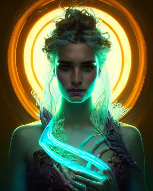 Image similar to epic fantasy render portrait of a beautiful bioluminescent woman with glowing eyes, dark retrowave, highly detailed, digital painting, cinematic, hyperrealism, rpg portrait, dynamic lighting, art by stefan kostic and magali villeneuve and alphonse mucha, artstation, octane render, cgsociety