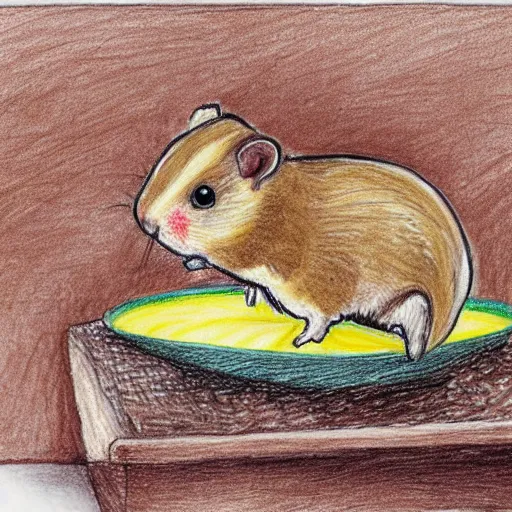 Prompt: light brown hamster putting cookies into a oven, colorful drawing, pencil