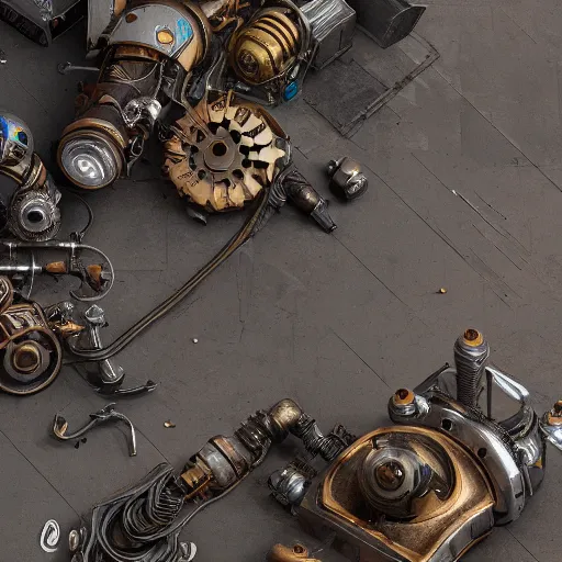 Image similar to top down view of a texture, floor full of mess of mecanics, motor, tools, ancient mecanism, steampunk, substance painter material, artstation, octane render, vray, 4 k