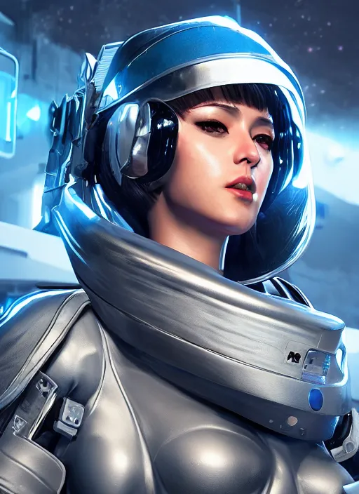 Prompt: female character painting / space officer / proportional figure / delicate features / alluring / cyberpunk armor / navigator gear / metal and platin plated / dark blue background / poster style / ultra realistic / ultra detailed / volumetric light. unreal engine / 8 k.