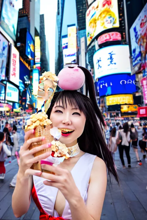 Image similar to Beautiful Japanese Woman in Sailor Moon costume eating an ice-cream cone, standing for a selfie, New York Time Square, high detail, ultra-realistic