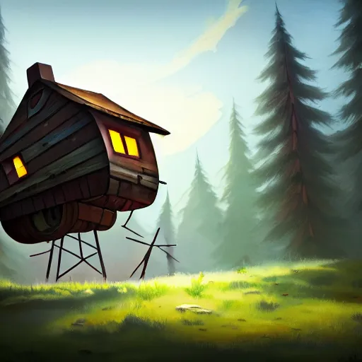 Image similar to a walking wood and metal house with two legs and one big eye, smoky chimney, rust, hyperrealistic, highly detailed, cinematic, single ray of sun, morning, pareidolia, dynamic composition, gravity falls style, disney, ghibli, beautiful, pine trees in the background, cgssociety, artstation, 8 k, oil painting, digital art