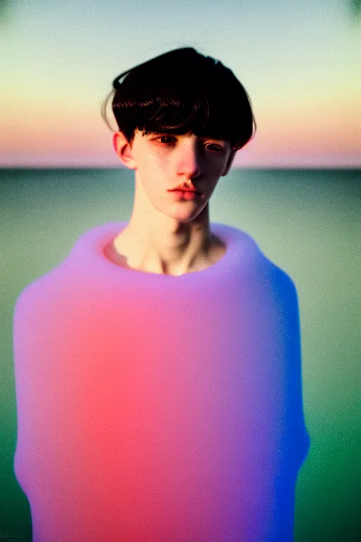Image similar to high quality pastel coloured film mid angle portrait photograph of a beautiful young 2 0 year old male, soft features, short black hair, baggy oversized inflated clothing!!!!! icelandic black rock pool environment. atmospheric. three point light. photographic. art directed. ( pastel colours ). volumetric light. clearcoat. waves glitch. 8 k. filmic.