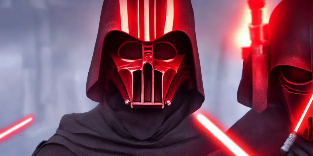 Image similar to sith star wars character revan from knights of the old republic game, covered in darth vader masks 4 k, movie still, uhd, sharp, detailed, cinematic, render, modern