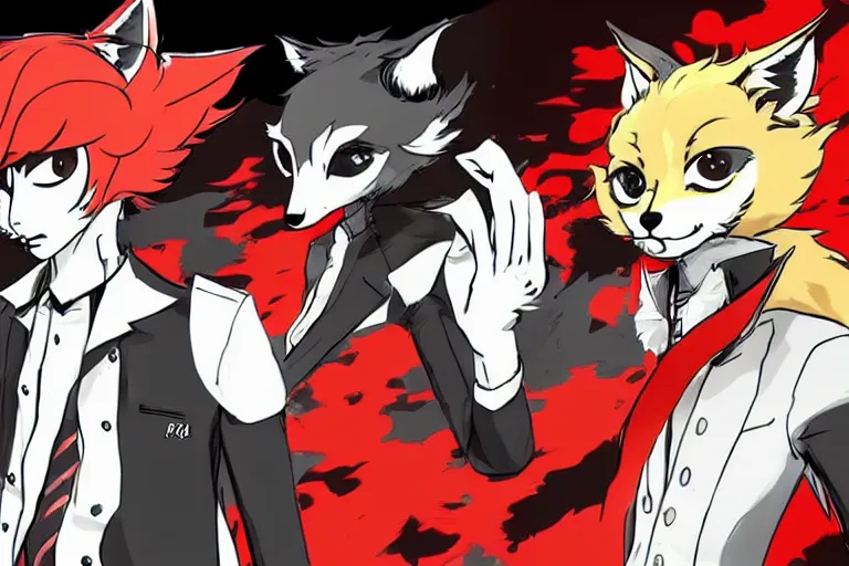 Image similar to a furry tan fox on a persona 5 : royal ( by atlus ) video game splash screen, a furry male sandcolored tan fox fursona ( has hair ), persona 5 phantom thief style