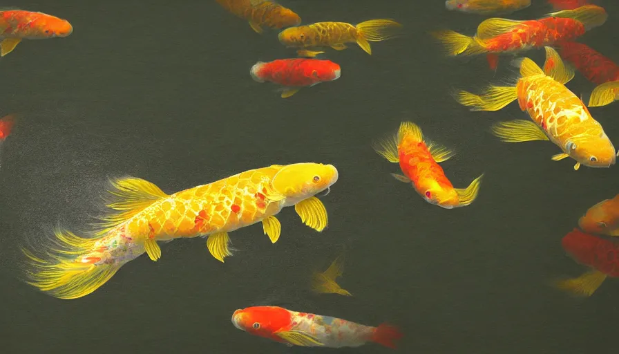 Image similar to a single golden glowing koi! fish swims in magical water with caustics and volumetric lighting, photorealistic painting