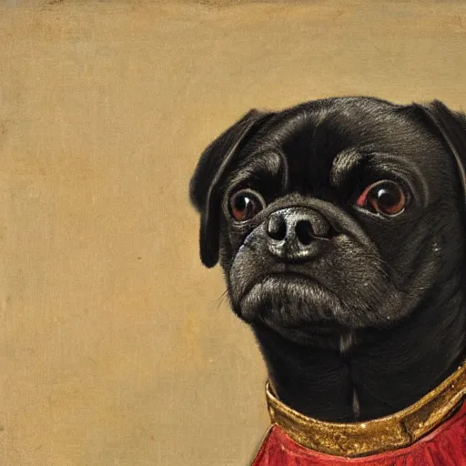 Prompt: portrait of an anthropomorphic fully black pugalier dog, renaissance style painting