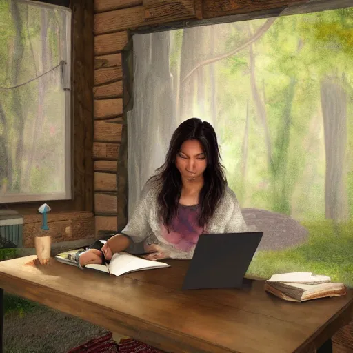 Image similar to a brown female author writing a book in a cottage in the woods, detailed digital art, trending on artstation, realistic! 8k