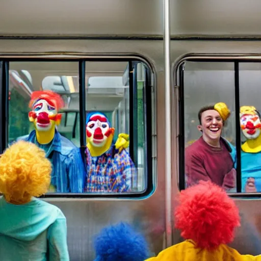 Prompt: a train full of clowns in the windows