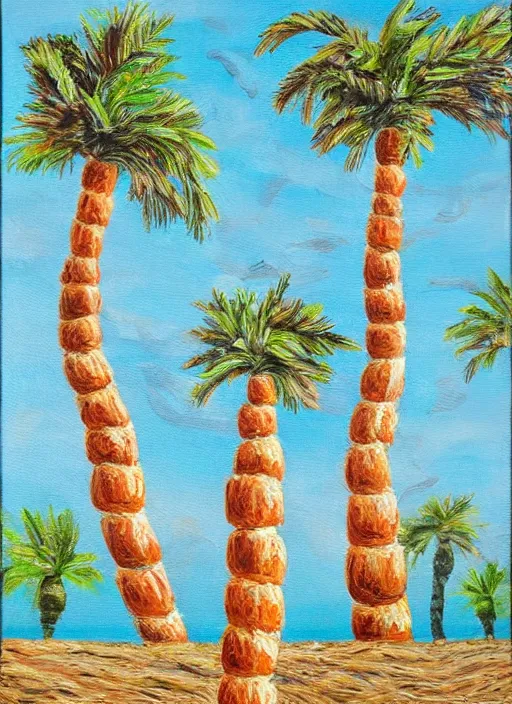 Image similar to baguettes grow on a palm tree, intricately detailed acrylic painting