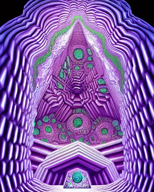 Prompt: detailed realistic geometric painting of a diorama of a mandelbulb white masonic temple inside of a hollow skull carved out of illuminating cyan light in the purple frozen tundra with ruy gems in ice double helix igloo stacked like jenga symmetry by alex grey