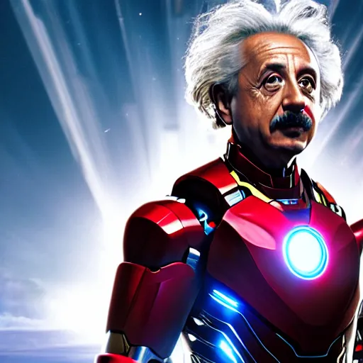 Image similar to albert einstein as tony stark in ironman, cinematic lighting, dramatic, octane render, long lens, shallow depth of field, bokeh, anamorphic lens flare, 8 k, hyper detailed, 3 5 mm film grain