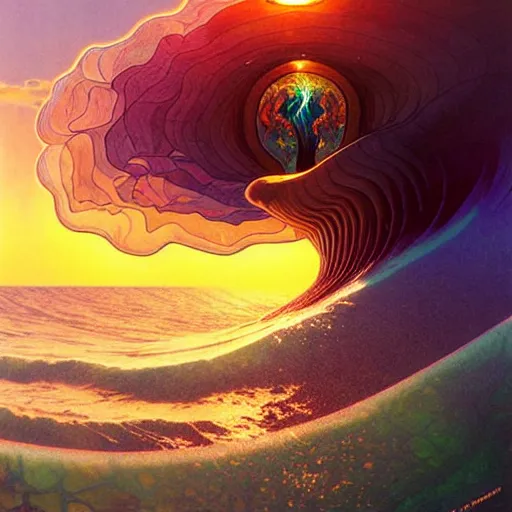 Image similar to ocean wave around ancient giant psychedelic mushroom, lsd water, dmt ripples, backlit, sunset, refracted lighting, art by collier, albert aublet, krenz cushart, artem demura, alphonse mucha