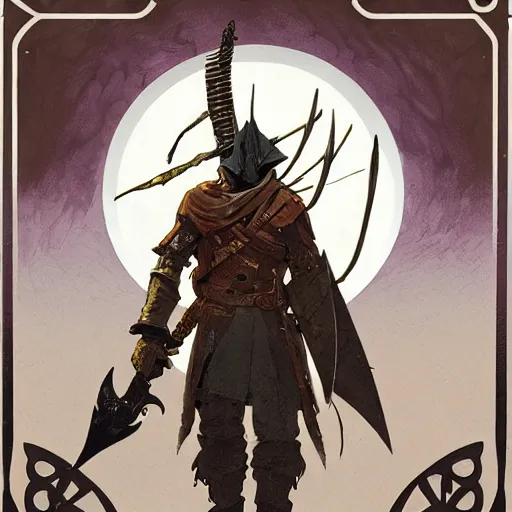 Image similar to an ultra detailed vector image of solaire of astora dressed as the hunter from bloodborne, concept art by alphonse mucha and greg rutkowski, praise the blood moon, octane render, liminal space