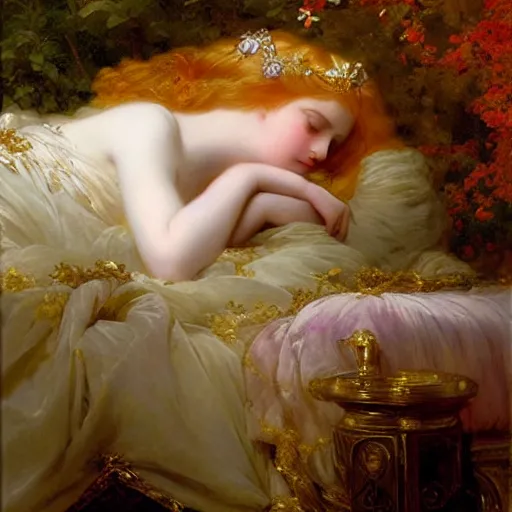 Image similar to blonde beautiful sleeping princess by Franz Xaver Winterhalter and Delphin Enjolras and Rebecca Guay