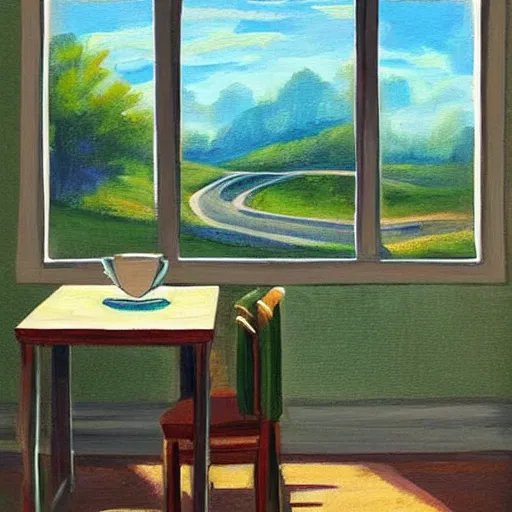 Image similar to “ nostalgic painting of a breakfast table with a steaming cup of coffee and a newspaper. the window behind it shows a green idyllic hill with a road on it, and families walking to school. realistic style. ”