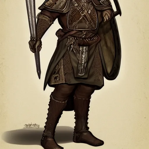Prompt: 5 0 years old man, tall, stocky : : brown hair, sympathetic, designer stubble : : decorated medieval clothing : : high detail, digital art, rpg, concept art, illustration