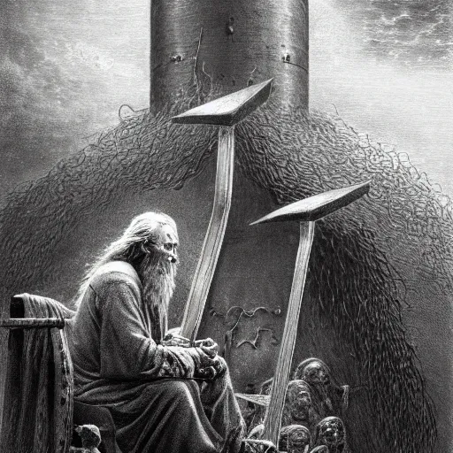 Prompt: the evil ian mckellen smithing on an anvil as gandalf in a dark viking hood playing odin all father crafting a neural network with golden synapses on an anvil with fire, highly detailed, cinematic shot, cinematic lighting, 8 k, exquisit facial detail, colored painting by gustave dore.