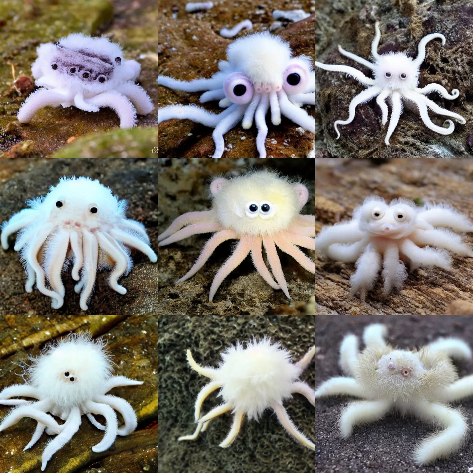 Prompt: a cute fuzzy white crab-octopus hybrid.