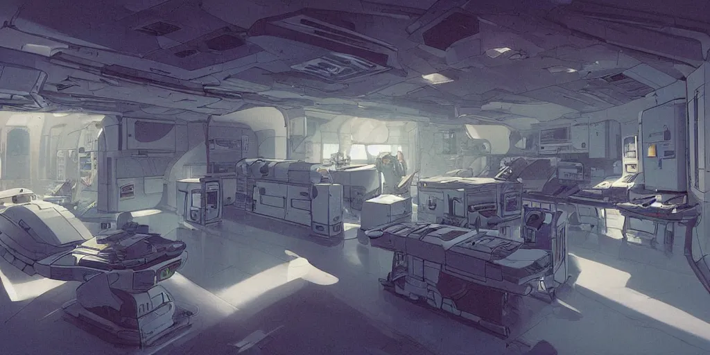 Prompt: spaceship medic room , mysterious laboratory, thick blue mist, low ceiling, cables hanging from ceiling, thick cables on ground, god rays of light, huge computer screens, neons, saturated top light , epic scene, scifi, illustration, art by Juan Giménez and moebius