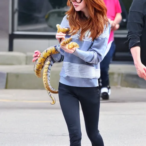 Image similar to paparazzi photo of Anna Kendrick walking her pet snake