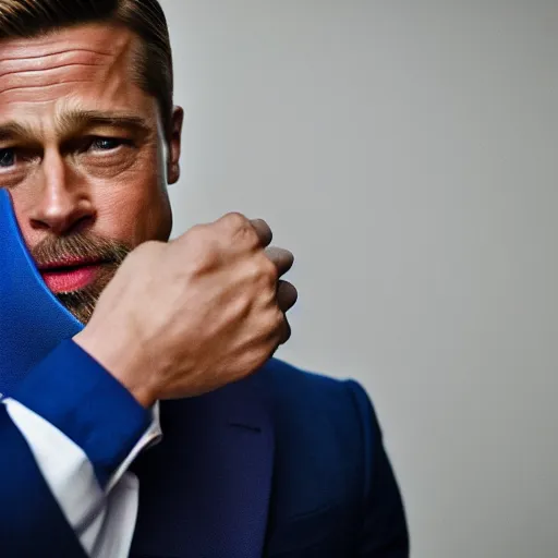 Prompt: close up of brad pitt wearing a blue suit and blue balaclava, live action movie, 8 5 mm f / 1. 4