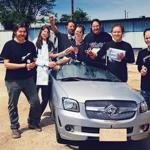 Prompt: “ a press photo of a group of scientists showing off their new vehicle designed to run on meat ”