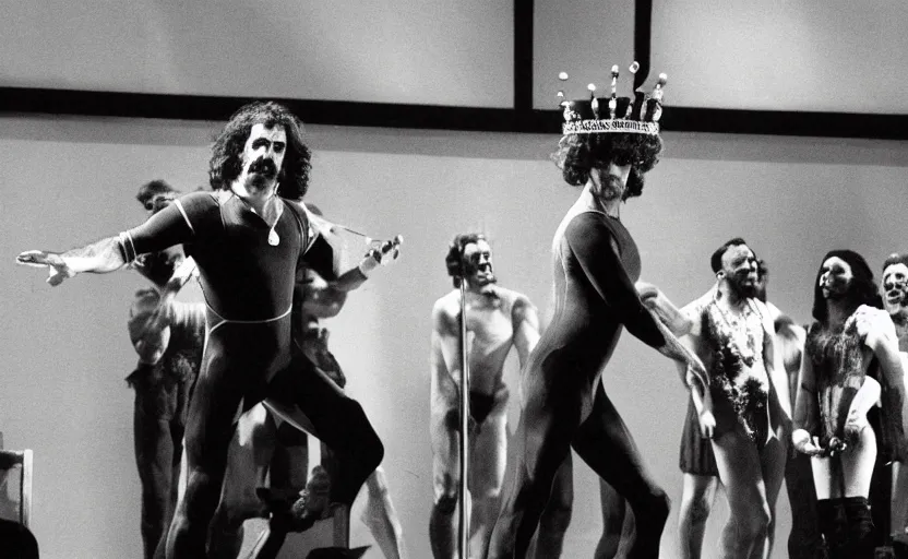 Image similar to Frank Zappa in a leotard and a crown performs the role of Richard III in the award winning modern dress production of Richard III in front of a live audience, action shot, directed by Robert Wilson