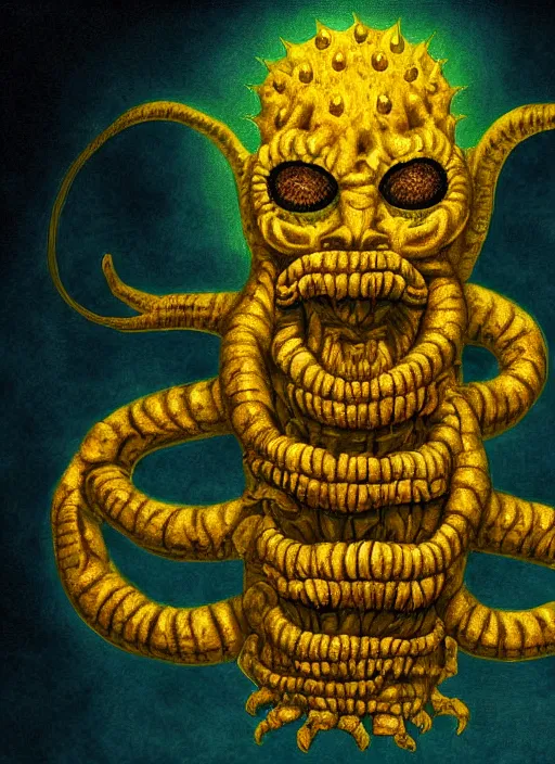 Prompt: detailed digital painting of hastur the king in yellow, dark background, volumetric lighting