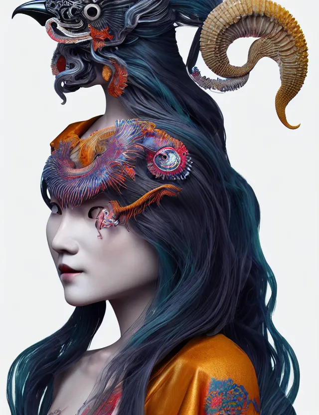 Image similar to 3 d slvic goddess half - turn portrait with long hair with ram skull. beautiful intricately detailed japanese crow kitsune mask and clasical japanese kimono. betta fish, jellyfish phoenix, bio luminescent, plasma, ice, water, wind, creature, artwork by tooth wu and wlop and beeple and greg rutkowski