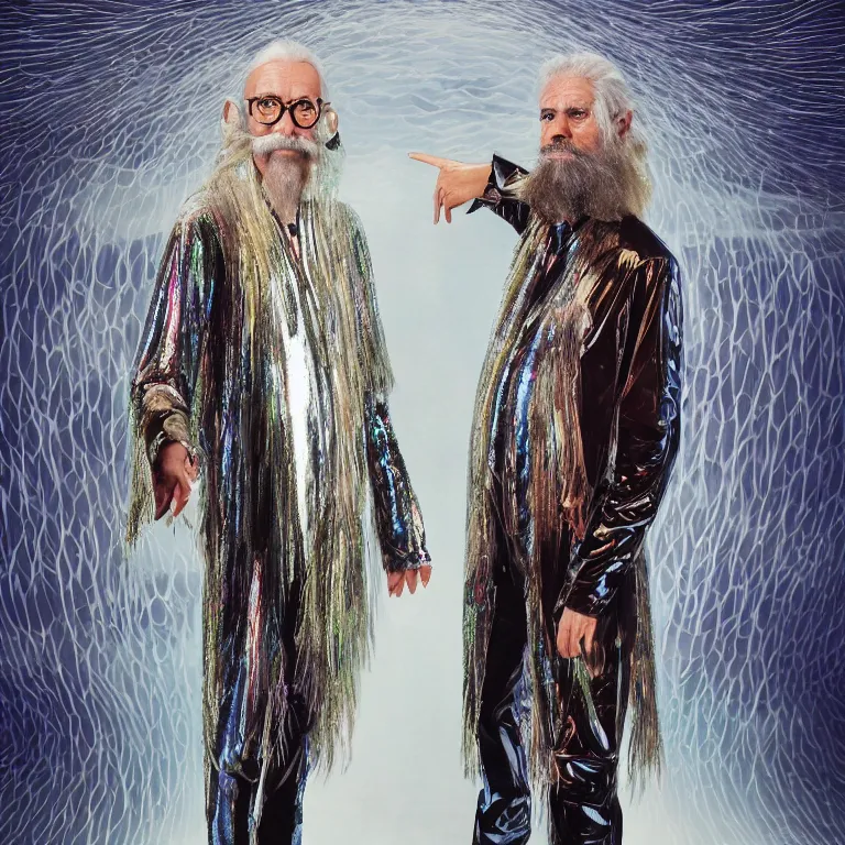 Image similar to high fashion photoshoot octane render portrait by wayne barlow and carlo crivelli and glenn fabry, a distinguished sci - fi futuristic psychedelic wizard with a long white beard wearing a clear plastic iridescent jacket and holding a magical adorable critter while standing inside a futuristic beautiful boutique fantasy hotel lobby, very short depth of field, bokeh