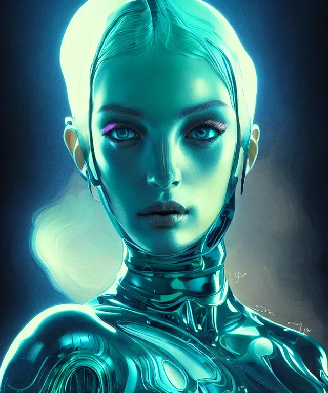 Image similar to Supermodel woman turning into an Android portrait, dark surrealism , scifi, intricate, elegant, highly detailed, teal neon glowing eyes, digital painting, artstation, concept art, smooth, sharp focus, illustration, art by artgerm and moebius and alphonse mucha