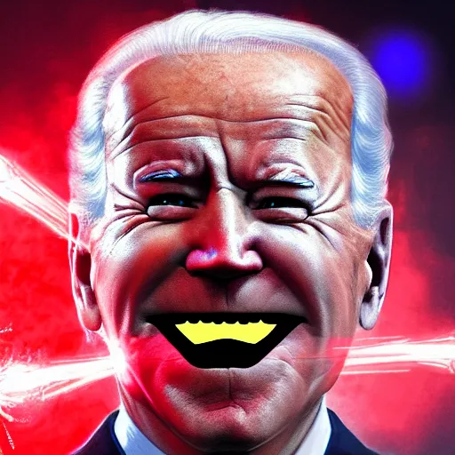 Prompt: joe biden with angry glowing red laser eyes. wrathful supervillain. laughter. science fantasy character concept art. best of artstation. ap photo.