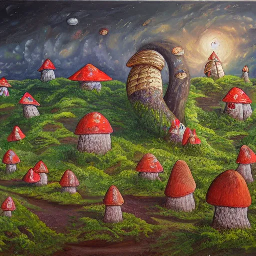 Image similar to mushroom houses spiraling into infinity, abomination, oil painting, highly detailed, 4 k