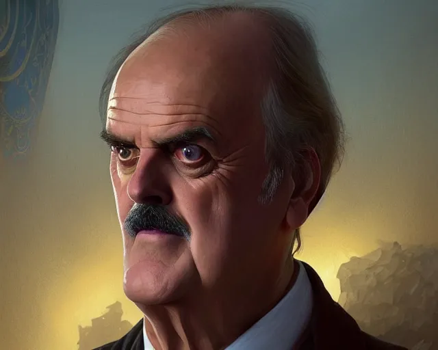 Image similar to john cleese looking totally surprised, photography of kurzgesagt, deep focus, d & d, fantasy, intricate, elegant, highly detailed, digital painting, artstation, concept art, matte, sharp focus, illustration, hearthstone, art by artgerm and greg rutkowski and alphonse mucha