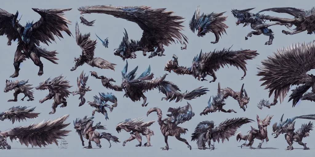 Image similar to Azure feathered winged wolf character design sheet, Monster Hunter Illustrations art book, big claws, huge wings, long tail, Moebius, Greg Rutkowski, Zabrocki, Karlkka, Jayison Devadas, Phuoc Quan, trending on Artstation, 8K, ultra wide angle, zenith view, pincushion lens effect.