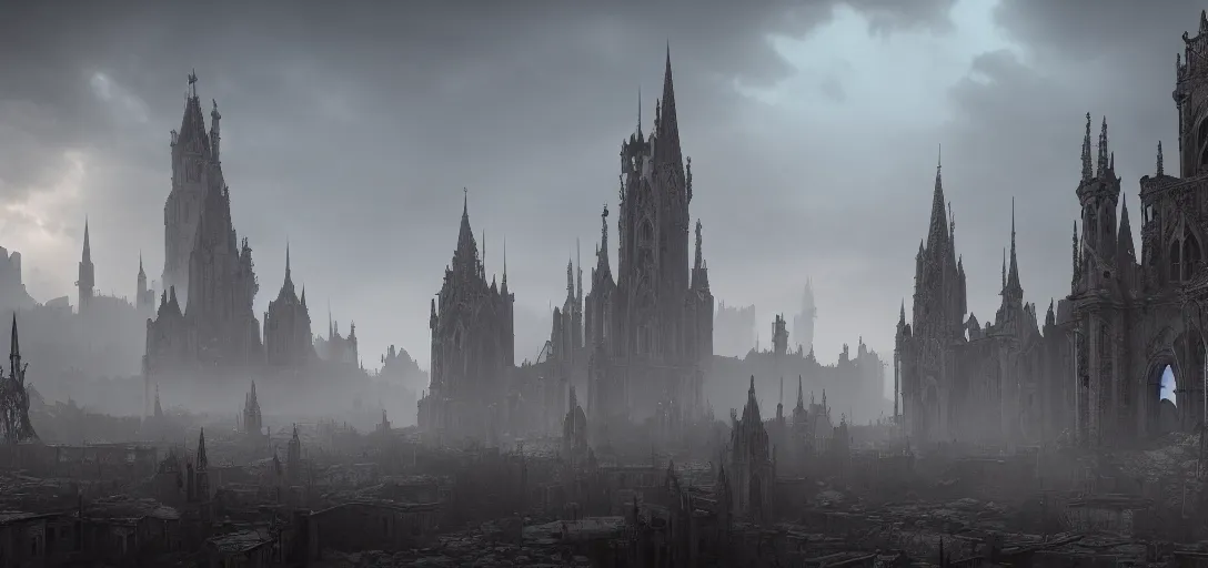 Prompt: view of an abandoned gothic city at day, castles, fog, cinematic lighting, ultra detailed, sharp, ambient occlusion, raytracing, by greg rutowski, paul chadeisson and jessica rossier