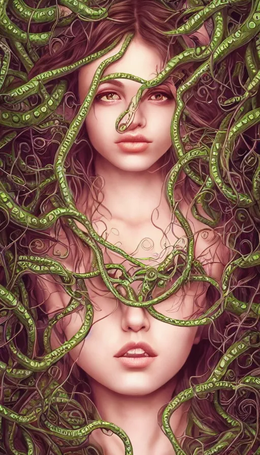 Image similar to very detailed portrait of a 2 0 years old girl surrounded by tentacles, the youg woman visage is blooming from fractal and vines, by artgerm