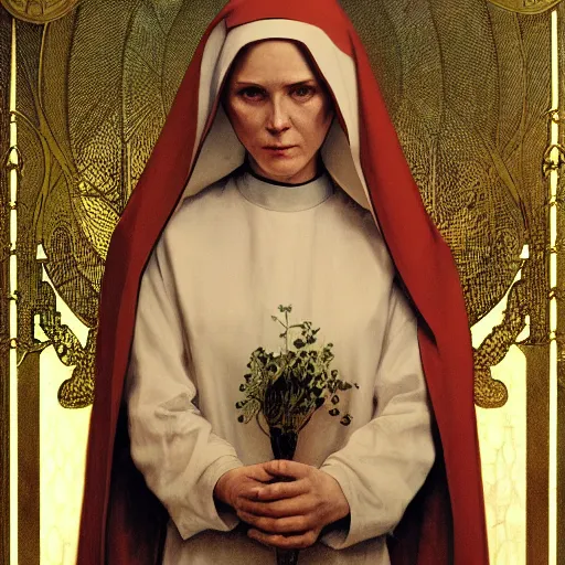 Prompt: a Portrait illustration of A nun in church by greg rutkowski and alphonse mucha,In style of digital art.hyper detailed,smooth, sharp focus,trending on artstation
