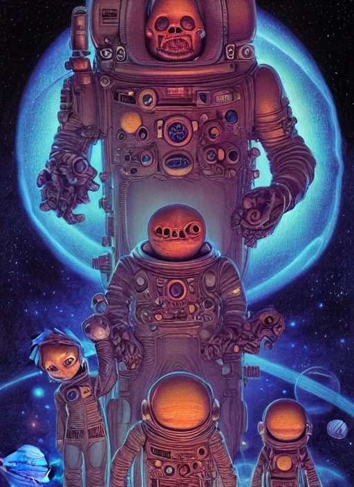 Prompt: detailed image of a creepy family in the deep space, by Ernest Renard and Skottie Jeune, rich deep colors. Masterpiece! intricate artwork, very coherent symmetrical artwork, cinematic, hyper realism, high detail, octane render, unreal engine, 8k, Vibrant colors, Smooth gradients, High contrast, depth of field. by Katsuhiro Otomo, full body character drawing, inspired by Evangeleon, clean ink detailed line drawing, intricate detail, extremely detailed.