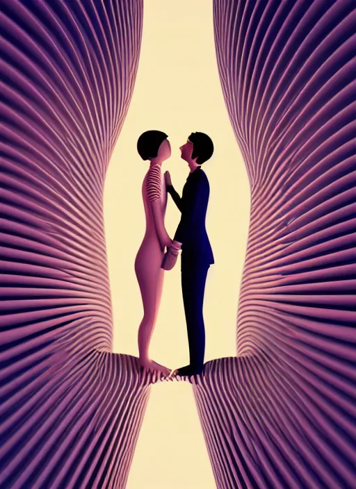 Image similar to style of santiago calatrava, perfectly centered symmetrical balanced male and female portrait of man and woman in love sharing one heart. high coherence ; 3 d cartoon 8 k ultra hd