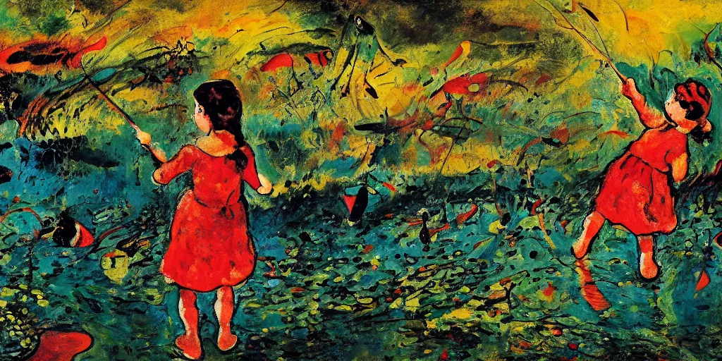 Prompt: a girl catches fish in the pond, by jackson pollock and wassily kandinsky, 4 k resolution, vivid colors, extremely detailed, dripping technique, oil paint, depth