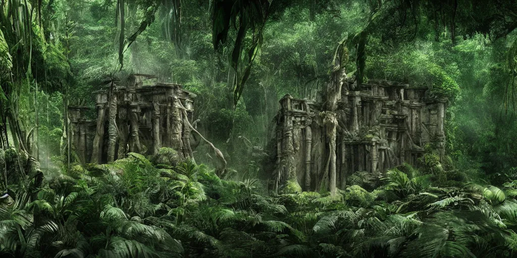 Prompt: Tarzan\'s lost temple, cinematic lighting, wide angle landscape photography, hyperrealistic, 8k