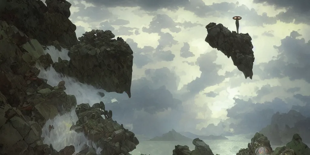 Image similar to photorealistic epic landscape with magically floating rocks, with ominous storm clouds by alphonse mucha. strange levitating stones, stones falling from the sky, swirls of mist. occult photorealism, uhd, amazing depth, glowing, volumetric lighting, cinematic lighting, by artgerm and greg rutkowski