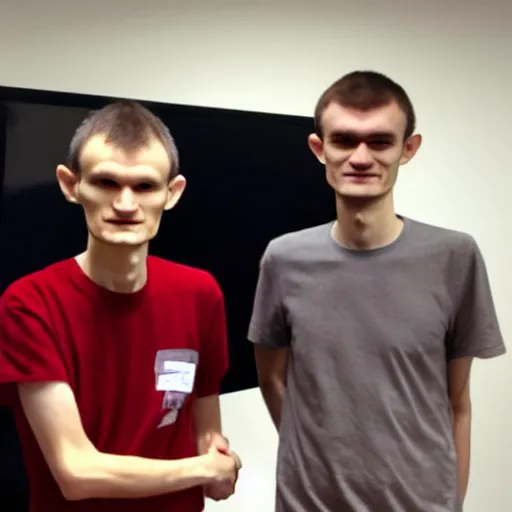 Image similar to picture of vitalik buterin and satoshi nakamoto in front of a computer