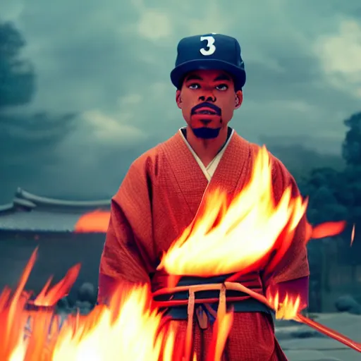 Image similar to cinematic film still of Chance The Rapper starring as a Samurai holding fire, Japanese CGI, VFX, 2022, 40mm lens, shallow depth of field, film photography