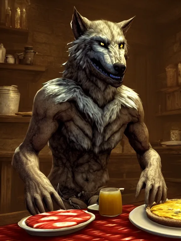 Image similar to cute handsome cuddly burly surly relaxed calm timid werewolf from van helsing sitting down at the breakfast table in the kitchen of a normal country home cooking having fun baking strawberry tart cakes unreal engine hyperreallistic render 8k character concept art masterpiece screenshot from the video game the Elder Scrolls V: Skyrim