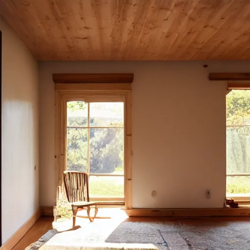 Image similar to person in pyjamas standing near window, turned back to camera, cinematography, sun rays, daylight, big french door window, big spatious room, carpet at the floor, wide shot 2 4 mm, anamorphic shot lens, walls at left and right sides, window at the center, wooden floor, modern, winter sun, photorealistic, high ceiling